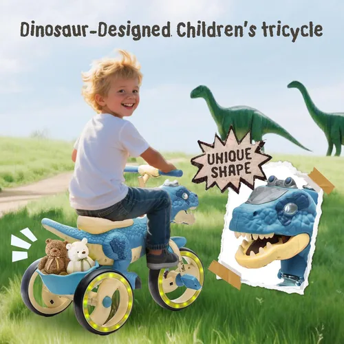 Miniatura 7 de Triciclo de dinosaurio para niños, triciclo para niños pequeños, rueda grande con ruedas anchas de EVA flash, pedales antideslizantes, cesta de Azul