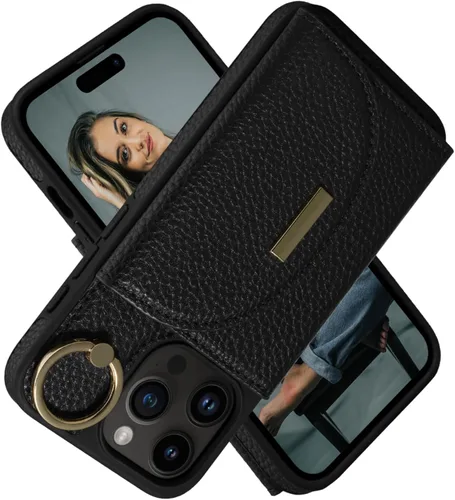 Miniatura 33 de Funda tipo cartera para iPhone 15 Pro de 6.1'', funda plegable con ranuras para tarjetas, soporte con anillo y atril, cubierta protectora tipo folio