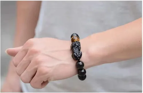 Miniatura 38 de Pulsera de obsidiana negra, pulsera de obsidiana negra Feng Shui para mujeres y hombres, pulsera elástica de obsidiana con piedra de ojo de tigre