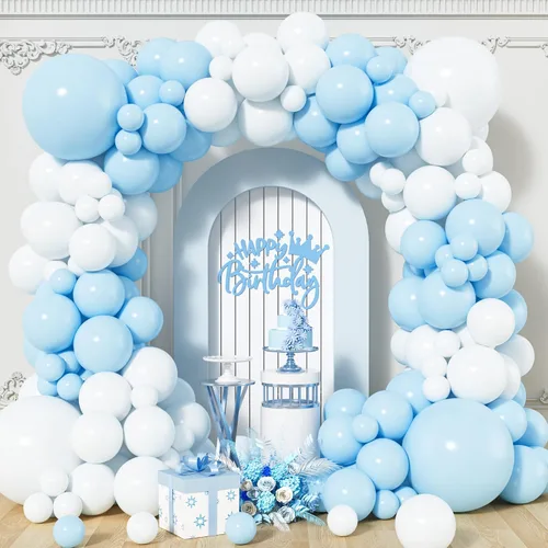 Kit de arco de globos azules y blancos, 120 guirnaldas de globos azul claro pastel, globos de látex de 18, 12, 10, 5 pulgadas para niños,