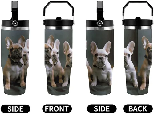 Miniatura 5 de French Bulldog Puppies Tumbler with Handle 30oz Vacuum Insulated Stainless Steel Water Bottle Leakproof Hot Coffee Travel Mug Iced Coffee Cup