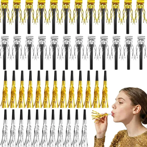 Miniatura 7 de Skylety 48 piezas de ruidos dorados con brillantina, sopladores de fiesta con flecos metálicos, cuernos para adultos, bodas, graduaciones