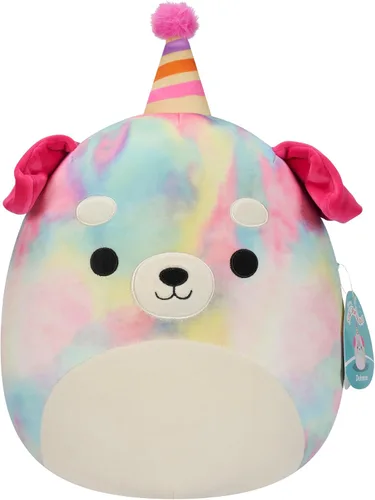 Squishmallows Original de 12 Pulgadas Delenne The Rainbow Perro Tie-Dye con Sombrero de Fiesta - Peluche Oficial de Jazwares "Happy Birthday" Perro