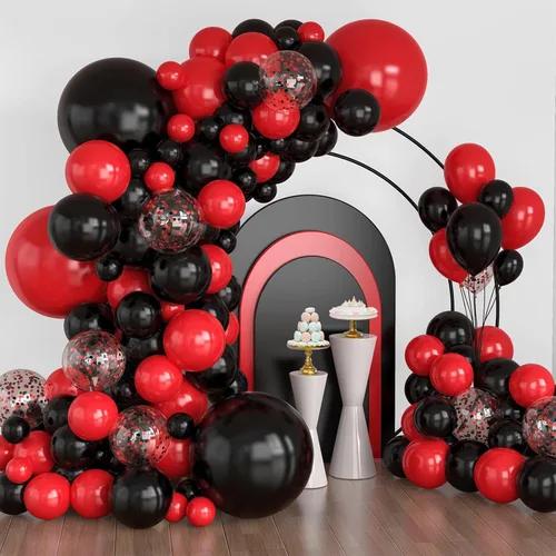 Miniatura 10 de Lukiituke Kit de arco de globos rojos, negros y dorados, 114 globos rojos, negros y dorados, 4 tamaños para cumpleaños, fiestas temáticas de casino