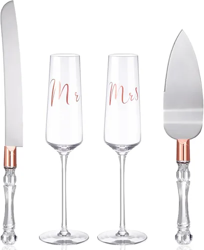 Miniatura 8 de Boao Juego de 4 Copas de Brindis de Boda y Servidor de Pastel, Suministros para Recepción de Boda, Copas de Champán, Cuchillo para Pastel, Servidor