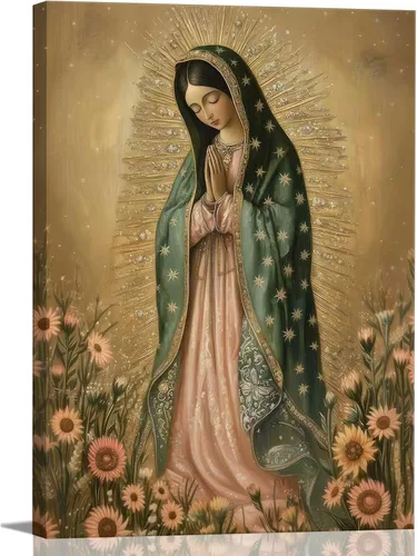 Devunaty Arte de pared vintage enmarcado de Virgen María, pintura de retrato de Nuestra Señora de Guadalupe, pintura de retrato dorado retro de la