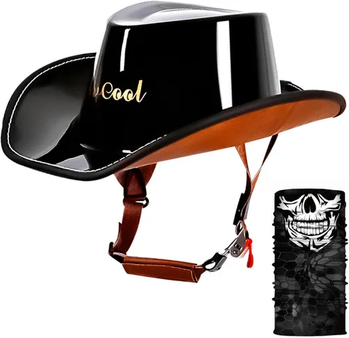 Miniatura 9 de Medio casco retro con cara abierta, estilo sombrero de vaquero, aprobado por DOT, hebilla y forro de liberación rápida para adultos