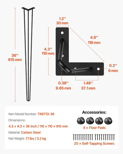 Miniatura 2 de Happybuy Patas de mesa con horquilla de 36 pulgadas en negro, juego de 4 patas de escritorio, capacidad de carga de 220 lbs cada pata, patas