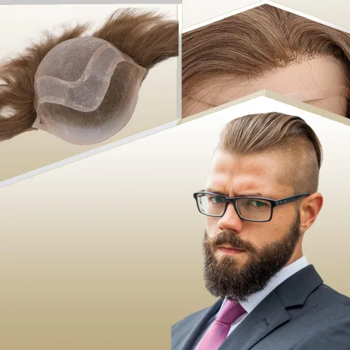 Miniatura 15 de Toupee para hombres, piezas de cabello 100% europeo, sistema de reemplazo de cabello humano virgen de 10 x 8 pulgadas, mono encaje con poliuretano