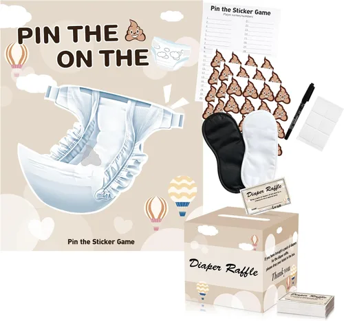 Juego de juegos de baby shower: Pin the Sticker en el juego de pañales y 50 boletos para rifas de pañales con caja para decoraciones de fiesta de