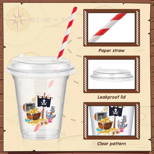 Miniatura 3 de Qinyoung Juego de 60 vasos de plástico pirata a granel de 14 onzas con temática del tesoro pirata, suministros de recuerdo para fiesta, café helado