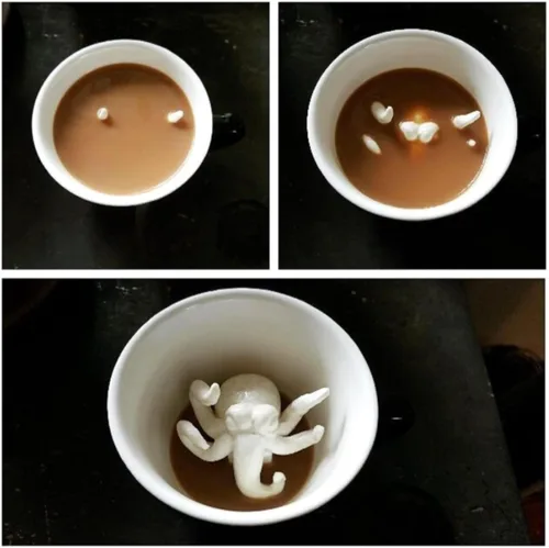 Miniatura 4 de Creature Cups - Taza de cerámica CTHULHU (11 onzas, exterior negro) - Tazas espeluznantes - Taza de animal 3D oculto en el interior que emerge