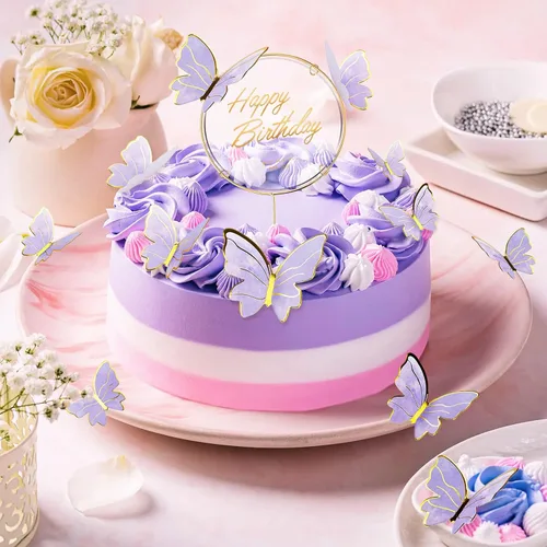 Miniatura 5 de 21 Piezas de Adornos de Mariposa para Pastel con Adornos de Pastel de Feliz Cumpleaños, Mariposas 3D en Rosa y Oro para Pastel, Adornos de Pastel