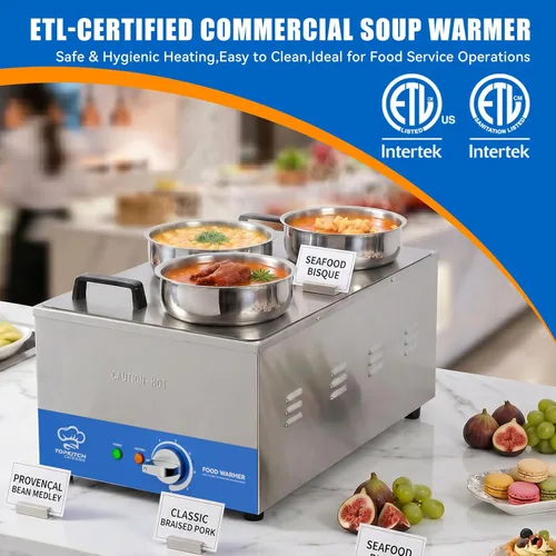 Miniatura 5 de TOPKITCH Calentador de sopa comercial 12L con olla de 3×4L para buffet Bain Marie, calentador de alimentos eléctrico comercial, tanque de una pieza