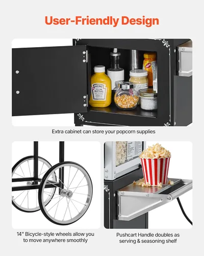 Miniatura 5 de VEVOR Máquina de palomitas de maíz con carrito, hervidor de acero inoxidable de 8 oz, fabricadora comercial de palomitas de 800W, 48 tazas por lote