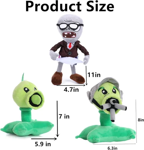 Miniatura 3 de JHESAO Juego de 3 piezas de plantas y zombis de peluche de zombis, guisante de juguete de zombis, 1 2 muñecos de guisante Gatling suave, muñeco