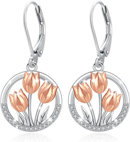Miniatura 293 de Aretes colgantes de plata de ley con diseño de árbol de la vida, flor, abeja, animales, gato, colibrí, piedra lunar, turquesa, aretes con cierre