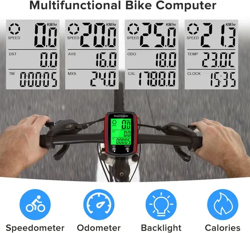 Miniatura 6 de Computadora de bicicleta y odómetro de bicicleta con cable MPH KM/H Velocímetro de bicicleta con despertador automático de velocidad de ciclismo Rojo