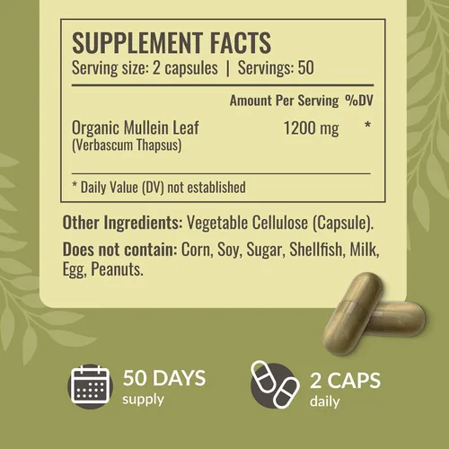 Miniatura 6 de HERBAMAMA Cápsulas de Hoja de Gordolobo - 1200mg de Extracto de Hoja de Gordolobo para Apoyo a la Desintoxicación Pulmonar - Suplemento Respiratorio