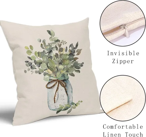 Miniatura 3 de Juego de 2 fundas de almohada de hojas de eucalipto verdes de 18 x 18 pulgadas, para primavera y verano, para sofá, estilo granja, acuarela