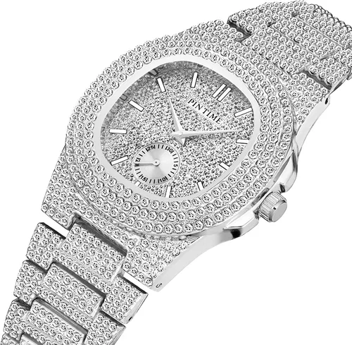 Miniatura 22 de Gosasa Reloj de pulsera unisex de cristal para hombre y mujer, reloj cubano con brillo completo, oblongo de plata/oro, reloj de pulsera de acero