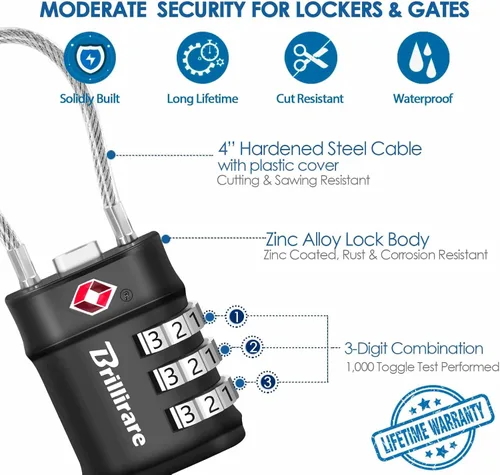 Miniatura 3 de Paquete de 2 cerraduras de equipaje aprobadas por la TSA, cerradura de cable de viaje combinada, candado impermeable de 3 dígitos, cerradura