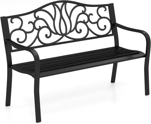 Tangkula Banco de jardín de 50 pulgadas para exteriores, sofá biplaza de metal de hierro fundido con respaldo de diseño floral y asiento de