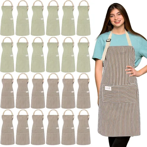 Miniatura 11 de Janmercy 24 delantales para mujeres y hombres con 2 bolsillos, delantal de cocina de lino, delantal ajustable para chef, delantales a granel unisex