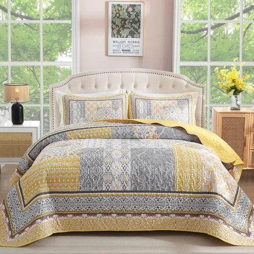 Miniatura 16 de WONGS BEDDING Juego de edredón bohemio tamaño matrimonial, juego de colcha de retazos beige de 3 piezas, juego de ropa de cama de microfibra suave