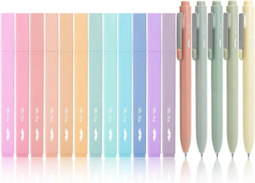 Mr. Pen - Resaltadores estéticos y bolígrafos de gel, paquete de 17 | Pastel Colors Bible Highlighters No Bleed, Fine Point 0.7mm Black Ink Gel