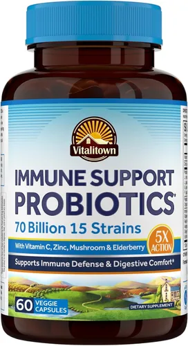 Vitalitown Probióticos 70 mil millones de UFC, suplemento de probióticos de apoyo inmunológico, 15 cepas de fuerza clínica, con vitamina C, zinc,