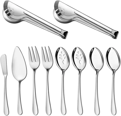 Pleafind Juego de 10 utensilios de acero inoxidable para servir con cucharas, cucharas ranuradas, tenedores, pinzas, servidor de pastel y cuchillo