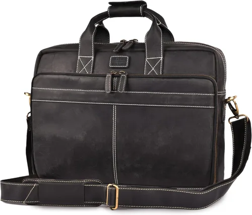 LEATHER VILLAGE 16" Bolsa de Mensajero para Laptop de Cuero para Hombres - Bolso de Hombro de Cuero para Viaje y Oficina - Negro
