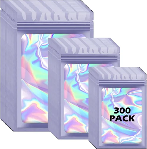 Miniatura 18 de 300 bolsas holográficas de mylar, 3 tamaños, bolsas a prueba de olores con ventana transparente, bolsas de papel de aluminio resellables