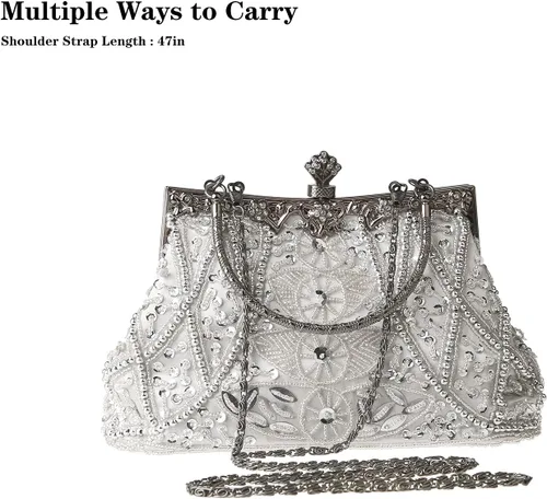 Miniatura 4 de Bolso de mano de estilo vintage con cuentas florales y strass para mujer, con bordado de lentejuelas, bandolera para novia, boda, fiesta