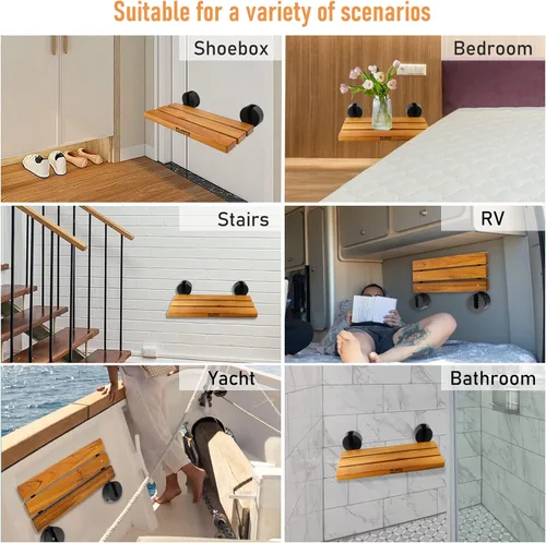 Miniatura 5 de Asiento de ducha plegable de teca de 20 pulgadas montado en la pared, banco de ducha plegable para espacio de ducha pequeño, taburete de madera