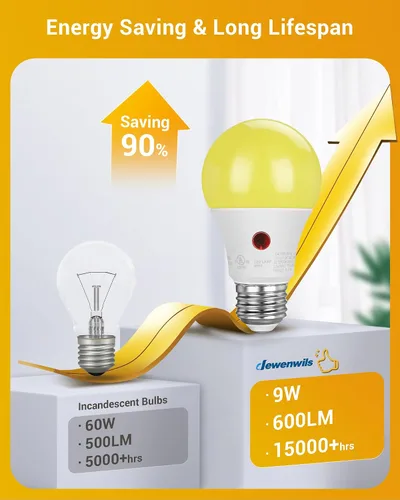 Miniatura 5 de DEWENWILS Bombilla LED A19 para exteriores del anochecer al amanecer, bombillas amarillas para exteriores, brillo ámbar de 2000 K, equivalente a 9 W