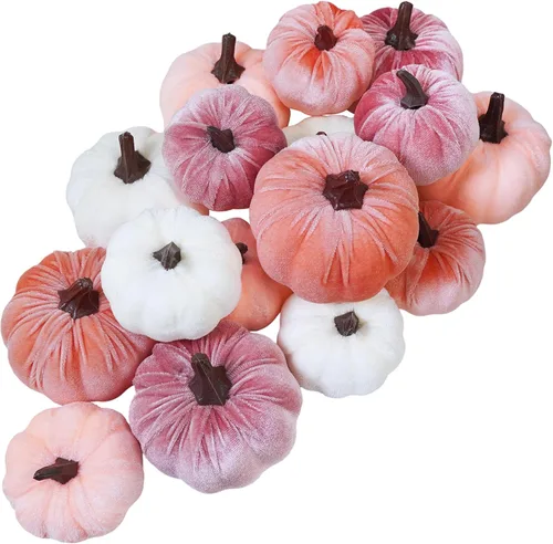 Miniatura 9 de Winlyn Juego de 16 calabazas de terciopelo sintético surtidas, decorativas, color verde azulado, verde, gris, marfil, calabazas de espuma de tela