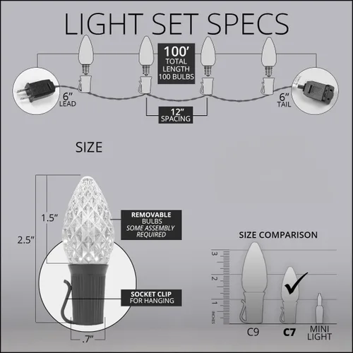 Miniatura 4 de Wintergreen Lighting C7 OptiCore - Luces de Navidad comerciales – Bombillas LED resistentes en cable verde (100 luces, 100 pies, verde/blanco frío)