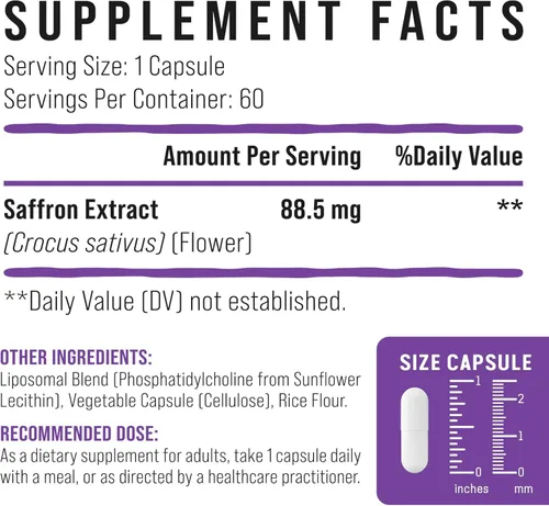 Miniatura 5 de Suplementos de azafrán – Extracto de azafrán 100% puro 88.5 mg, máxima absorción, mejor biodisponibilidad, suplementos liposomales para el estado
