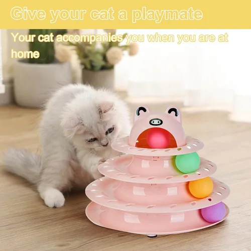 Miniatura 6 de Gefryco Cat Toys - Pista de rodillos de 4 niveles, juguete de torre giratoria para gatos con pelotas de persecución coloridas, juguetes interactivos