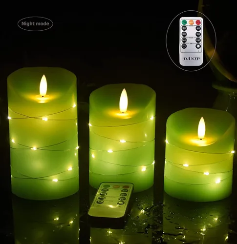 Miniatura 3 de DANIP - Vela LED verde sin llama con cuerda de estrella integrada, juego de 3 velas LED, con control remoto de 11 botones, función de temporizador