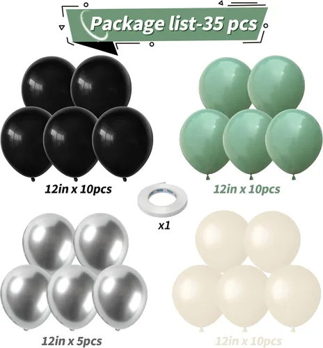 Miniatura 2 de Globos verdes y negros, globos metálicos de 12 pulgadas, color plateado, verde, arena, blanco y negro, globos de fiesta de fútbol, helio, globos