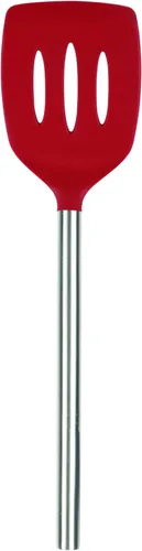 Tovolo Espátula de silicona ranurada con mango ranurado de acero inoxidable de 10 pulgadas, color rojo cayena, resistente al calor, no tóxico, sin