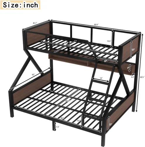 Miniatura 2 de Litera individual XL sobre Queen con estantes de almacenamiento, luz LED y escaleras, marco de cama de metal resistente con tabla de madera