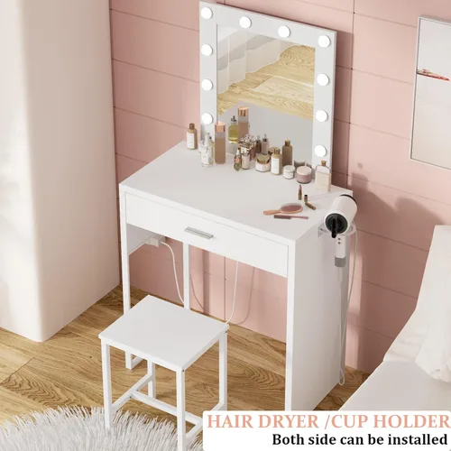 Miniatura 5 de Titoni Pequeño tocador de maquillaje con espejo y luces, escritorio blanco con silla, brillo ajustable, juego de mesa de maquillaje para dormitorio