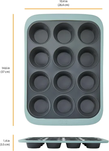 Miniatura 2 de Chicago Metallic Molde de silicona para magdalenas de 12 tazas, color azul, antiadherente con borde reforzado con alambre, apto para horno hasta 428