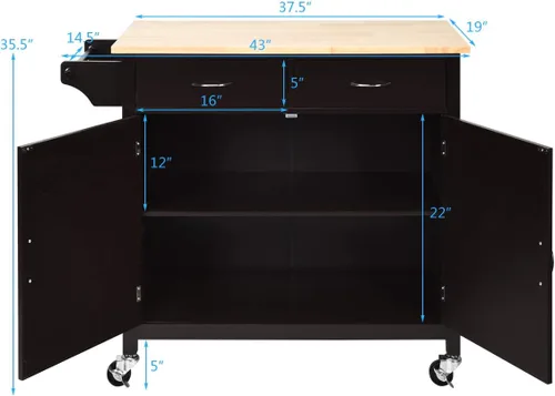 Miniatura 8 de Giantex Isla de cocina, carrito de cocina rodante, encimera de madera, carrito de servicio utilitario con armario de almacenamiento y 2 toalleros