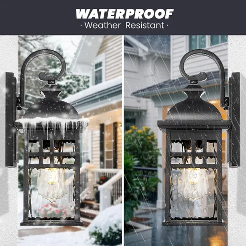 Miniatura 3 de Farol de pared exterior de aluminio negro con vidrio ondulado de agua, impermeable, luces de porche para puerta de patio, paquete de 2 enchufes E26