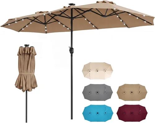 Miniatura 15 de Tangkula Sombrilla solar de patio de 13 pies, sombrilla de doble cara extra grande para mesa de mercado al aire libre con 36 luces LED, mango